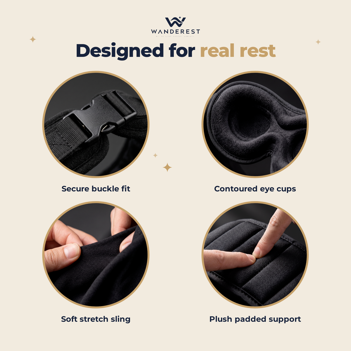 WANDEREST details - buckle, contoured eye cups, stretch sling, padded support